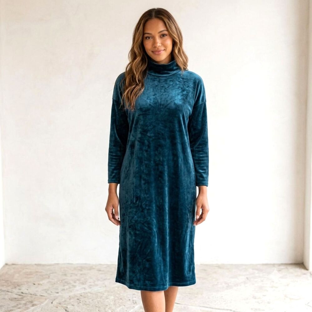 Talbots Teal Blue Velour Dress Womens Size L Large Mock Neck Shift Velvet